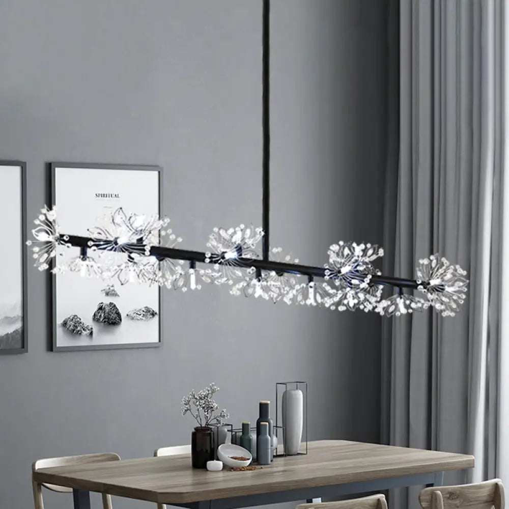 Iron Black Linear 19-Head Suspension Lamp: Modern Island Pendant Light With Crystal Bead Flower