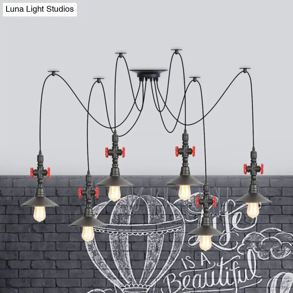 Iron Black Multi-Light Chandelier Saucer Vintage Style Ceiling Pendant Lamp With Valve Decor - 2/3/6