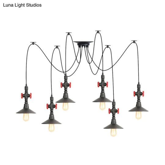 Iron Black Multi-Light Chandelier Saucer Vintage Style Ceiling Pendant Lamp With Valve Decor - 2/3/6