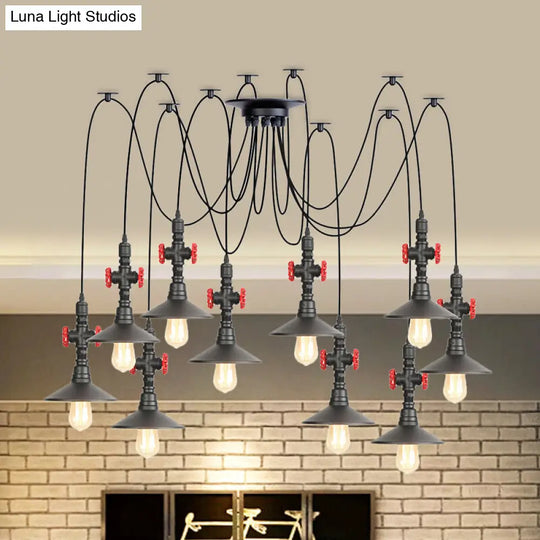 Iron Black Multi-Light Chandelier Saucer Vintage Style Ceiling Pendant Lamp With Valve Decor - 2/3/6