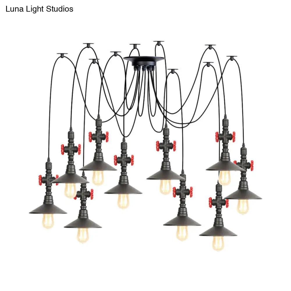 Iron Black Multi-Light Chandelier Saucer Vintage Style Ceiling Pendant Lamp With Valve Decor - 2/3/6