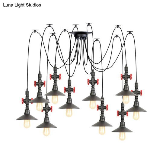 Iron Black Multi-Light Chandelier Saucer Vintage Style Ceiling Pendant Lamp With Valve Decor - 2/3/6