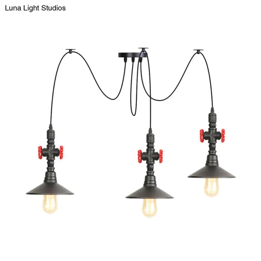 Iron Black Multi-Light Chandelier Saucer Vintage Style Ceiling Pendant Lamp With Valve Decor - 2/3/6