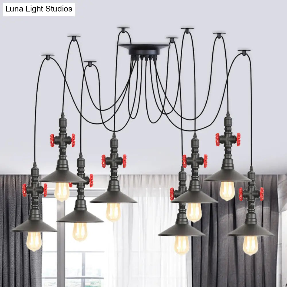 Iron Black Multi-Light Chandelier Saucer Vintage Style Ceiling Pendant Lamp With Valve Decor - 2/3/6