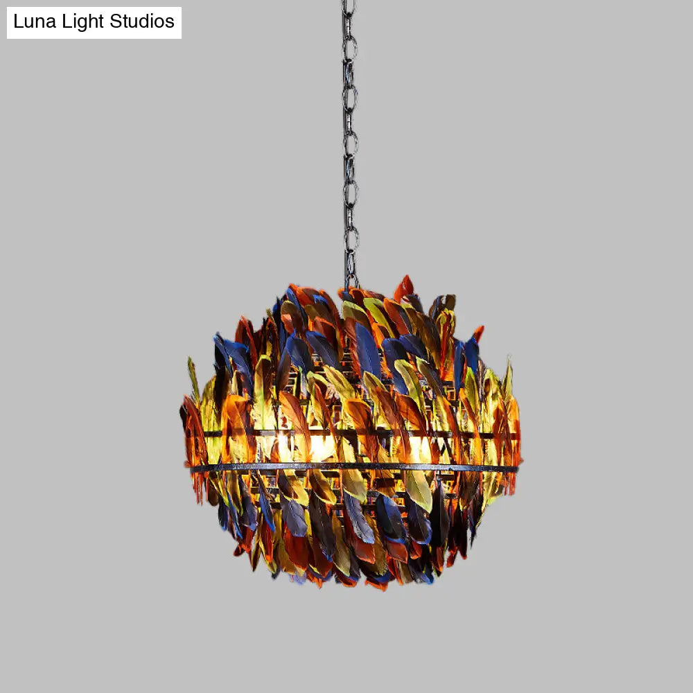 Iron Blue Chandelier With 4-Light Industrial Suspension And Feather Décor