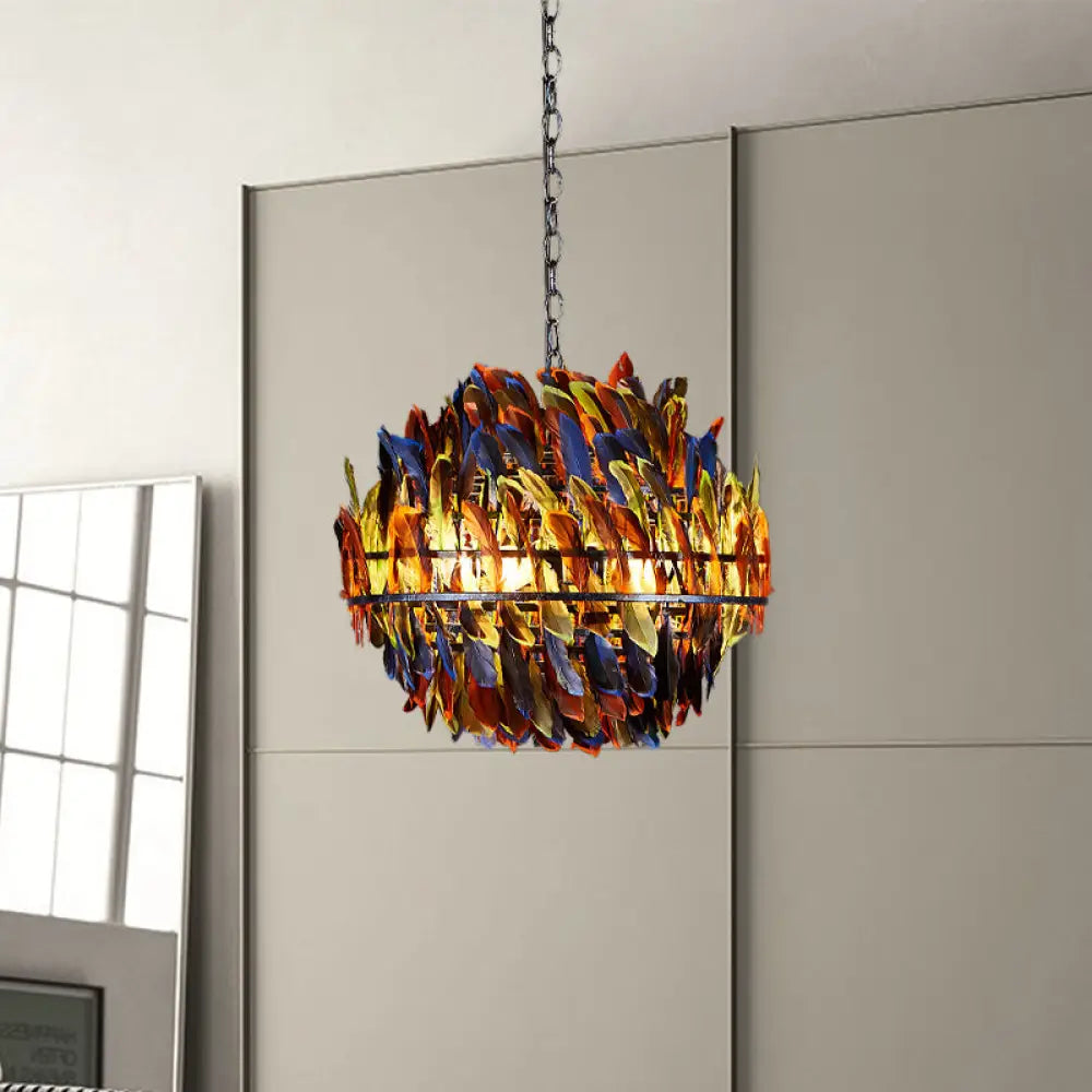 Iron Blue Ceiling Chandelier: Industrial 4-Light Suspension Lamp With Multicolor Feather Deco