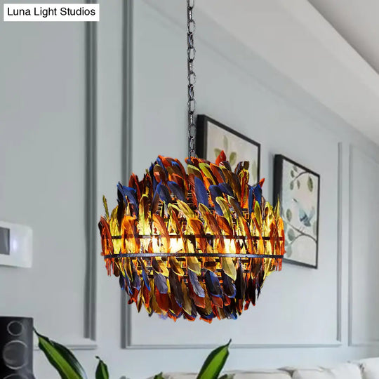 Iron Blue Chandelier With 4-Light Industrial Suspension And Feather Décor