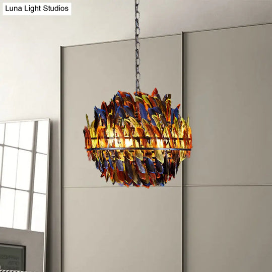 Iron Blue Chandelier With 4-Light Industrial Suspension And Feather Décor