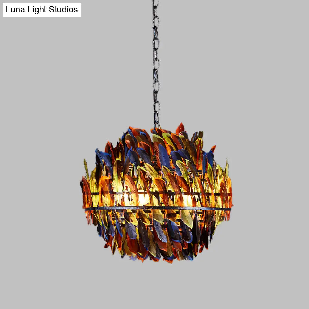 Iron Blue Ceiling Chandelier: Industrial 4-Light Suspension Lamp With Multicolor Feather Deco