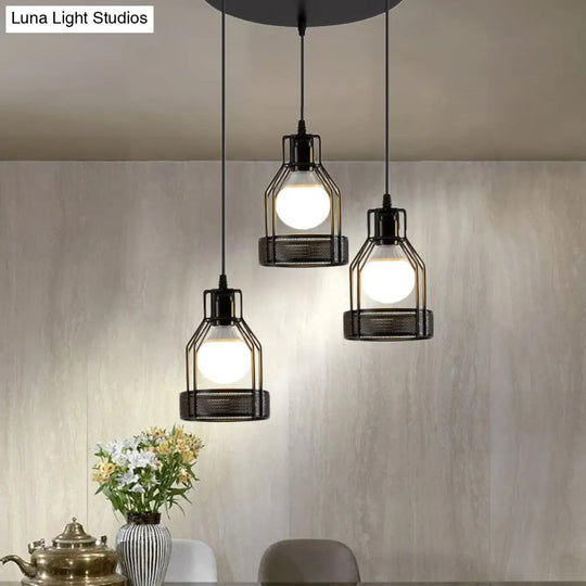 Iron Bottle Frame Cluster Pendant Industrial Suspension Lighting With Mesh Bottom - Black 3 Bulbs