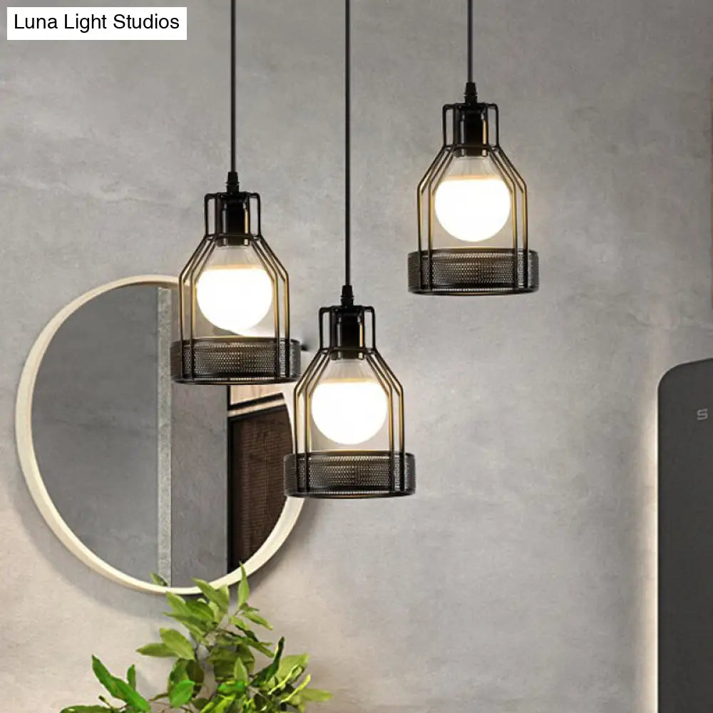 Black Iron Frame Pendant Lighting With Mesh Bottom - Industrial Style For Dining Table 3 Bulbs