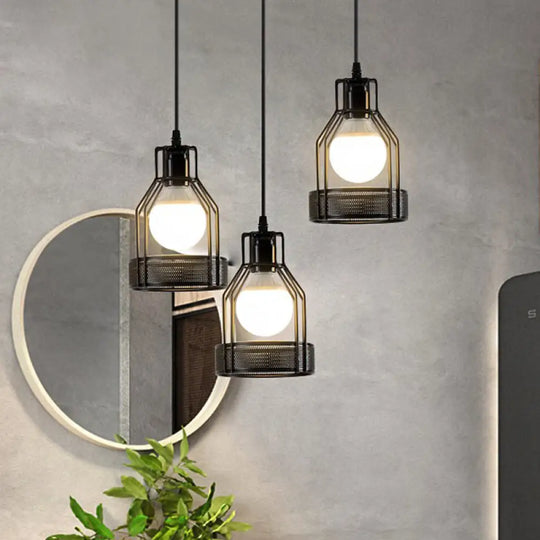 Iron Bottle Frame Cluster Pendant Industrial Suspension Lighting With Mesh Bottom - Black 3 Bulbs