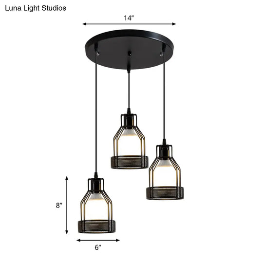 Iron Bottle Frame Cluster Pendant Industrial Suspension Lighting With Mesh Bottom - Black 3 Bulbs