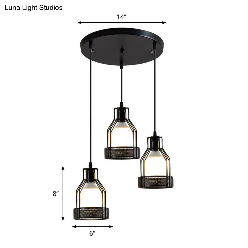 Black Iron Frame Pendant Lighting With Mesh Bottom - Industrial Style For Dining Table 3 Bulbs