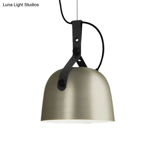 Iron Bowled Pendant Lamp: Warehouse Style Ceiling Light For Living Room With Leather Strap -