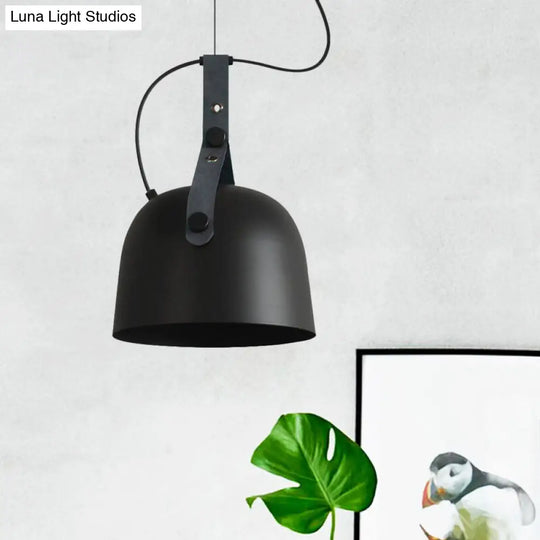 Iron Bowled Pendant Lamp: Warehouse Style Ceiling Light For Living Room With Leather Strap -