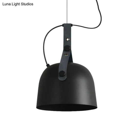 Iron Bowled Pendant Lamp: 1-Bulb Ceiling Light In Black/Copper/Silver With Leather Strap