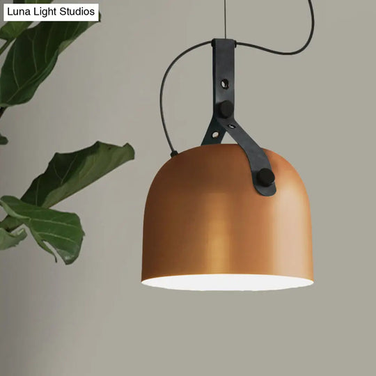 Iron Bowled Pendant Lamp: Warehouse Style Ceiling Light For Living Room With Leather Strap -