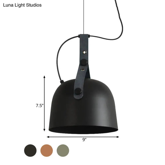 Iron Bowled Pendant Lamp: 1-Bulb Ceiling Light In Black/Copper/Silver With Leather Strap