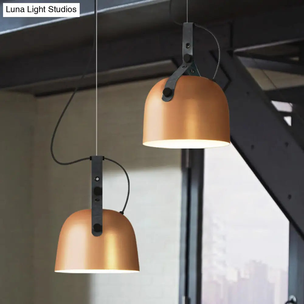 Iron Bowled Pendant Lamp: Warehouse Style Ceiling Light For Living Room With Leather Strap -