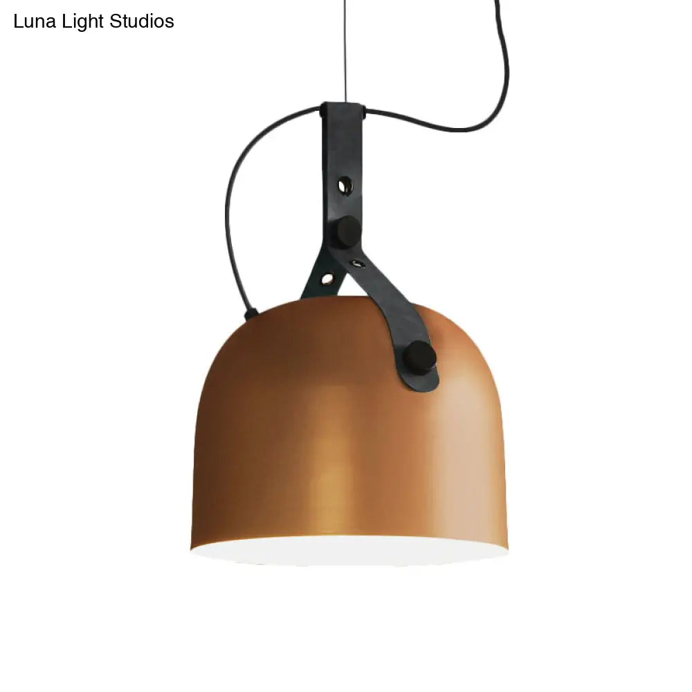 Iron Bowled Pendant Lamp: Warehouse Style Ceiling Light For Living Room With Leather Strap -