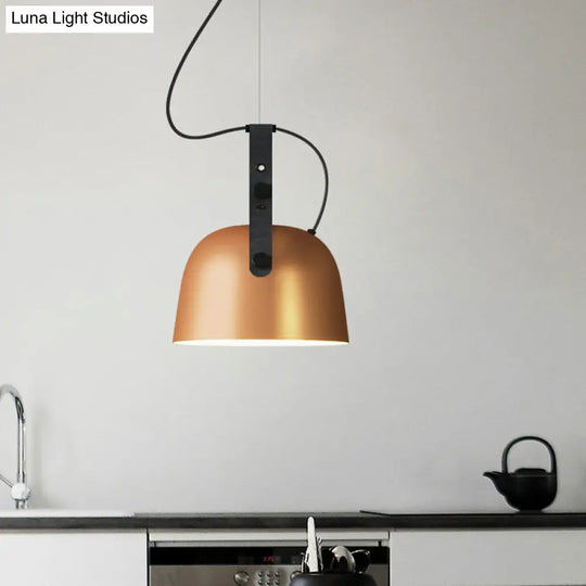 Iron Bowled Pendant Lamp: 1-Bulb Ceiling Light In Black/Copper/Silver With Leather Strap