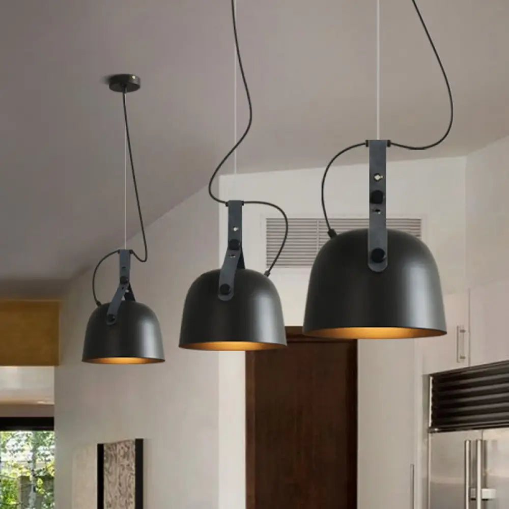 Iron Bowled Pendant Lamp: 1-Bulb Ceiling Light In Black/Copper/Silver With Leather Strap Black