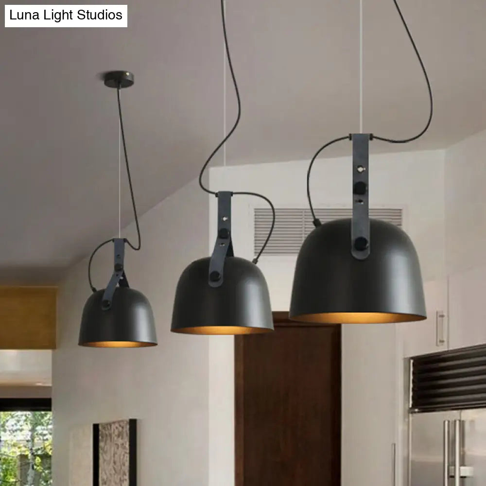 Iron Bowled Pendant Lamp: Warehouse Style Ceiling Light For Living Room With Leather Strap -