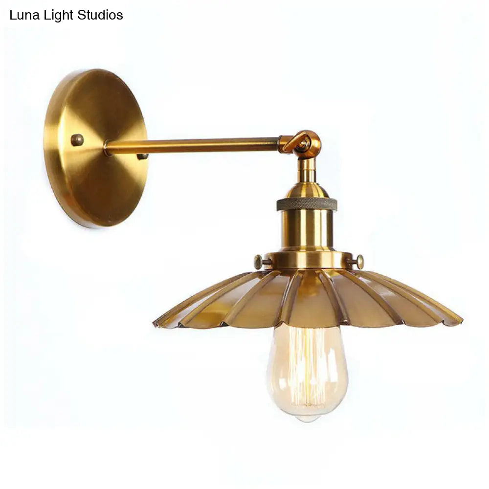 Iron Brass Finish Wall Light Fixture With Scalloped/Horn/Cone Design - 1-Light Factory Mounted Lamp