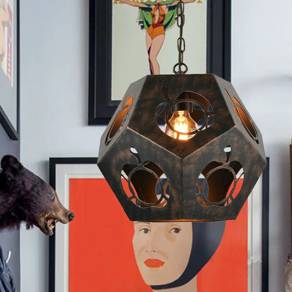 Iron Bronze Ceiling Pendant With Hollowed Out Faceted Sphere - Factory Suspended Lighting Fixture