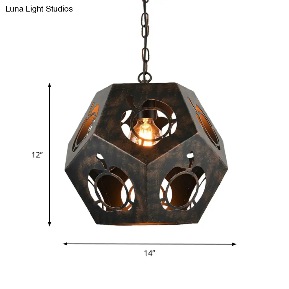 Iron Bronze Ceiling Pendant With Hollowed Out Faceted Sphere - Factory Suspended Lighting Fixture