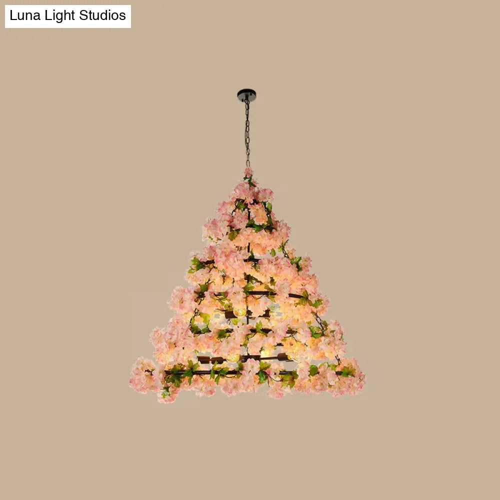 Iron Cone Cage Ceiling Lighting Industrial Chandelier With Artificial Flower - Perfect For