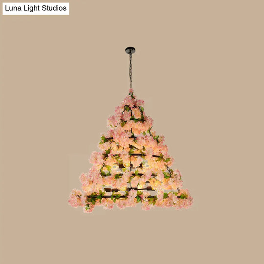 Iron Cone Cage Ceiling Lighting Industrial Chandelier With Artificial Flower - Perfect For