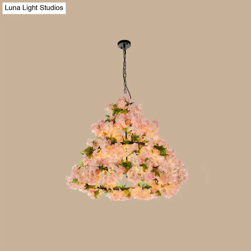 Iron Cage Ceiling Chandelier With Artificial Flower - Perfect For Industrial Restaurant Lighting