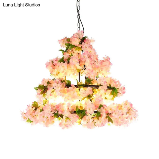 Iron Cone Cage Ceiling Lighting Industrial Chandelier With Artificial Flower - Perfect For