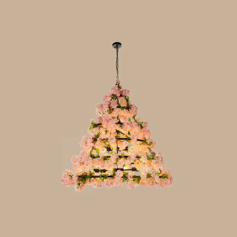 Iron Cage Ceiling Chandelier With Artificial Flower - Perfect For Industrial Restaurant Lighting