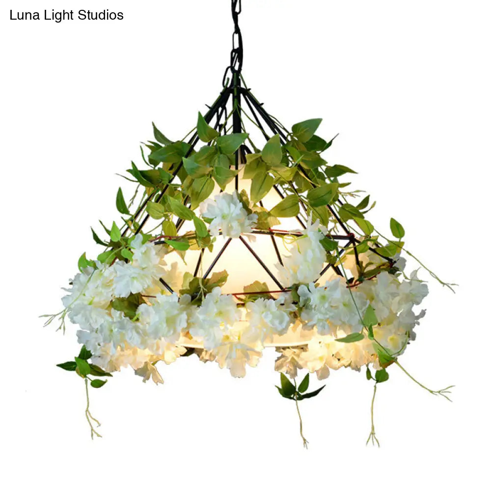 Diamond Cage Hanging Light Kit With Single Bulb Industrial Iron Ceiling Pendant And Decorative Plant