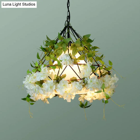 Diamond Cage Hanging Light Kit With Single Bulb Industrial Iron Ceiling Pendant And Decorative Plant