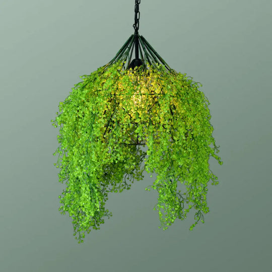 Iron Cage Hanging Pendant Light With Diamond Bulb And Decorative Plant Green