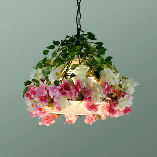 Iron Cage Hanging Pendant Light With Diamond Bulb And Decorative Plant Pink