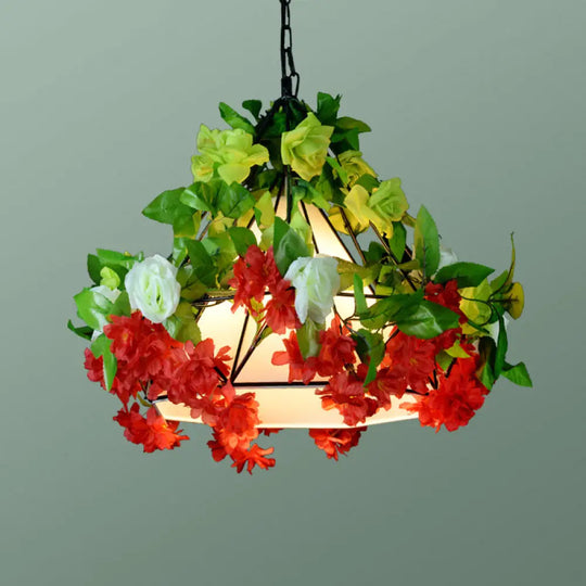 Iron Cage Hanging Pendant Light With Diamond Bulb And Decorative Plant Red