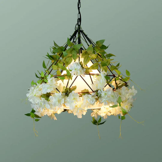 Iron Cage Hanging Pendant Light With Diamond Bulb And Decorative Plant White