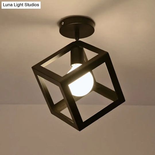 Iron Caged Flush Mount Ceiling Lamp - Industrial Style With 1-Bulb Black / Square