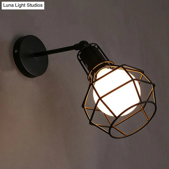 Iron Caged Wall Light Retro Style 1 Head Lighting In Black For Living Room