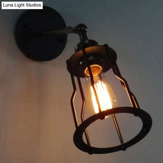 Iron Caged Wall Light Retro Style 1 Head Lighting In Black For Living Room