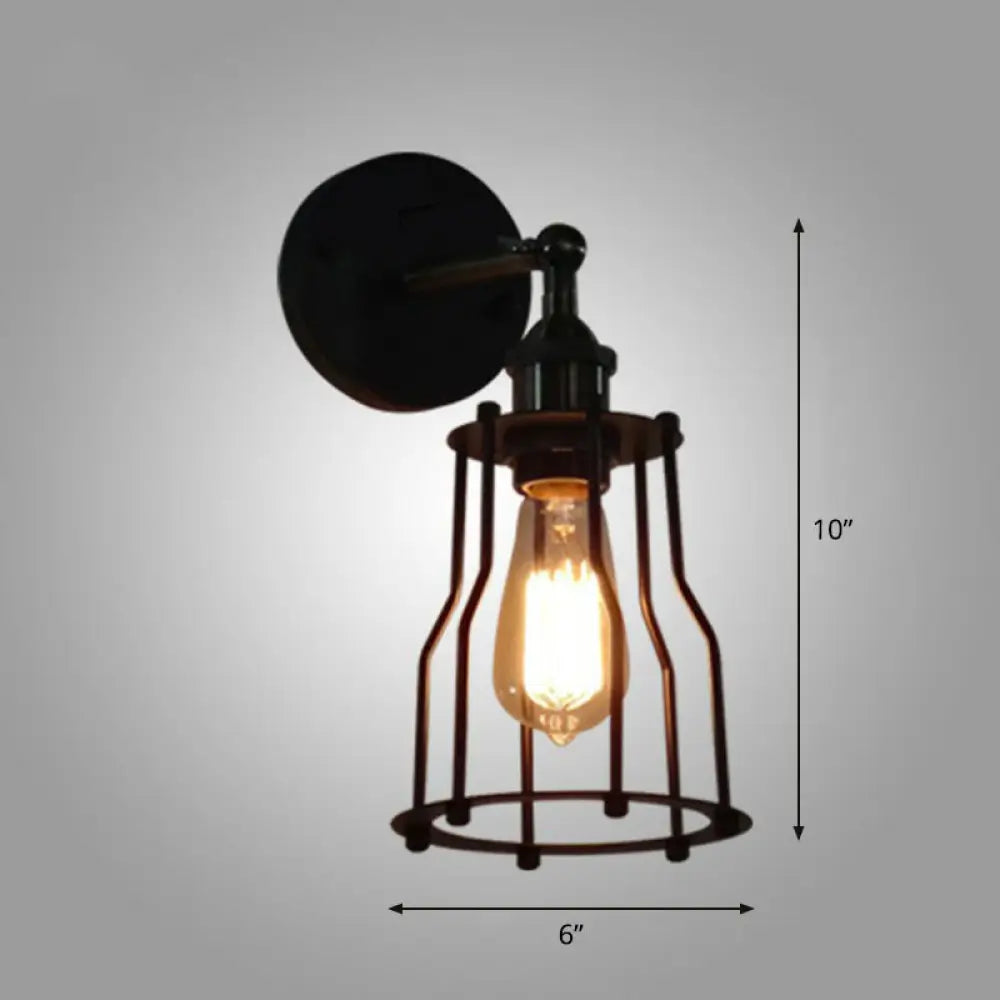 Iron Caged Wall Light Retro Style 1 Head Lighting In Black For Living Room / B