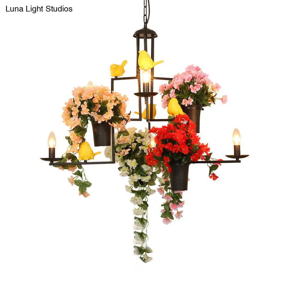 Iron Candle Chandelier: Industrial 7-Bulb Pendant Lighting In Black With Potted Plant And Bird