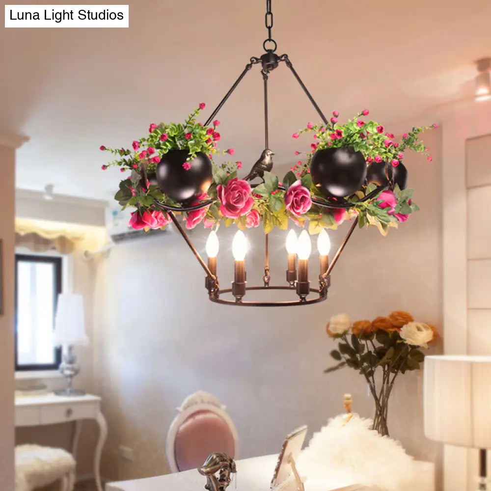 Iron Candle Chandelier With Industrial Style And Elegant Flower & Bird Decor - Perfect For