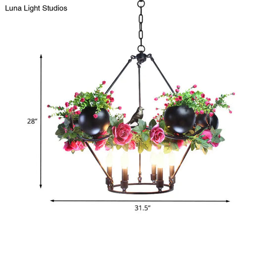 Industrial Iron Chandelier With 6/8 Bulbs And Flower & Bird Decor For Restaurant Pendant Lighting In