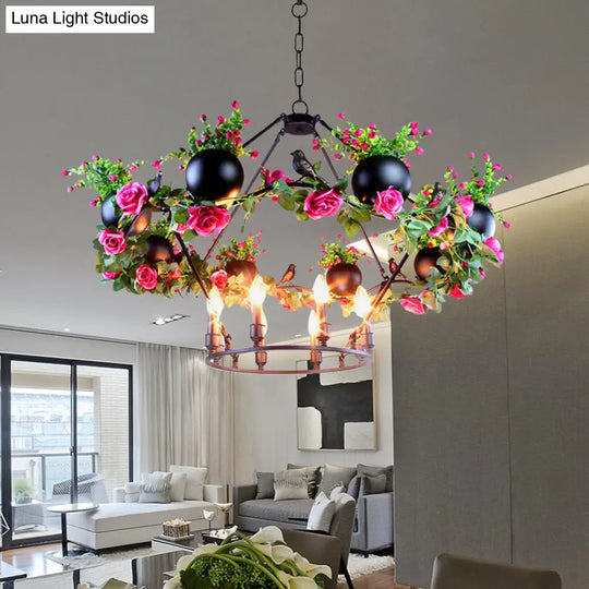 Industrial Iron Chandelier With 6/8 Bulbs And Flower & Bird Decor For Restaurant Pendant Lighting In